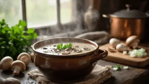 A rustic Dutch kitchen scene featuring a steaming bowl of creamy mushroom soup in an antique earthenware vessel, garnished with parsley and black pepper, surrounded by fresh champignons and a vintage copper pot, all captured in moody lighting.