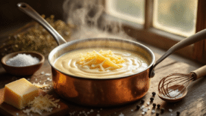 A close-up of a copper saucepan filled with creamy cheese sauce, with melted Gouda visible, on a rustic wooden table. Warm light streams through a window, illuminating steam rising, surrounded by grated cheese, sea salt, peppercorns, and a vintage whisk, all styled in earthy tones reminiscent of a Dutch Golden Age still life.