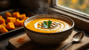Keto Romige Pompoensoep: De Ultieme Herfstsoep voor Laag-Koolhydraat Liefhebbers A rustic kitchen scene featuring a creamy orange pumpkin soup in a handcrafted ceramic bowl, garnished with toasted pumpkin seeds and parsley. Natural light highlights the warm tones, with roasted pumpkin cubes in the background and steam rising from the soup, conveying a cozy autumn atmosphere.