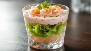 A close-up of an elegant crystal cocktail glass filled with layered shrimp cocktail ingredients on a dark wooden table, featuring green lettuce, spiral-arranged sautéed shrimp, creamy pink sauce, and a garnish of parsley, with soft natural lighting and a moody background.