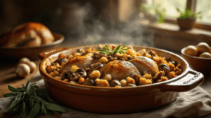 Keto Kalkoenvulling zonder Brood: Gezond en Heerlijk Feestgerecht Photorealistic image of golden-brown keto turkey stuffing with macadamia nuts and herbs in an earthenware dish, featuring juicy turkey, sautéed mushrooms, celery, and caramelized onions, set in a rustic Dutch kitchen with warm lighting and dramatic shadows.