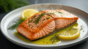 Geroosterde Zalm met Citroen en Dille: Een Heerlijk en Gezond Gerecht Photorealistic image of a perfectly roasted salmon fillet with golden-crispy skin and a delicate pink center, garnished with fresh dill and lemon wedges on a minimalist white ceramic plate, set against a natural wood surface with soft directional lighting and atmospheric warm undertones.