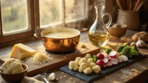 A rustic wooden preparation scene featuring a bubbling copper fondue pot filled with Gruyère and Emmentaler cheese, illuminated by golden hour light, surrounded by freshly grated cheese, garlic cloves, a vintage grater, and colorful keto vegetables on a slate board, with elegant fondue forks and steam rising, all captured in a photorealistic style with dramatic depth of field.