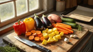 Photorealistic image of a rustic kitchen filled with vibrant fresh vegetables on a weathered wooden cutting board, including red bell peppers, purple eggplants, orange carrots, yellow sweet potatoes, and green zucchini, with a chef's knife and olive oil droplets nearby, illuminated by soft natural light, and enhanced by aromatic herbs and garlic cloves, creating a warm and inviting culinary scene.