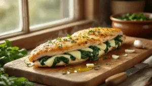 Gevulde Kipfilet met Spinazie en Kaas: Een Heerlijke Smaakexplosie Butterflied chicken breast stuffed with melted mozzarella and wilted spinach on a rustic wooden cutting board, surrounded by fresh herbs, garlic cloves, and glistening olive oil drops, captured in warm golden hour light with a soft focus, highlighting textures and details.