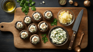 Gevulde Champignons met Kaas en Kruiden: Een Heerlijk en Veelzijdig Hapje A rustic kitchen scene featuring a wooden cutting board with freshly prepared portobello mushrooms, herbed cream cheese filling, diced onions, garlic, and scattered parsley, accented by golden Parmesan shavings and vintage copper measuring spoons, all captured in warm natural lighting with a moody atmosphere.