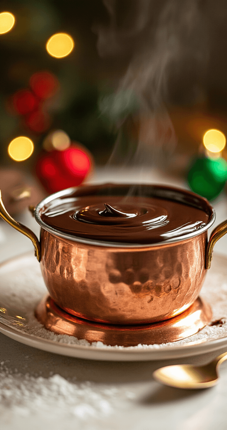 Cinematisch close-up van glanzende 85% donkere chocolade die smelt in een traditionele koperen bain-marie, met zacht stijgende stoom en een warme sfeer, waarbij gouden reflecties op het smeltende oppervlak schijnen, terwijl feestelijke rode en groene kerstdecoraties op de achtergrond subtiel vervaagd zijn.