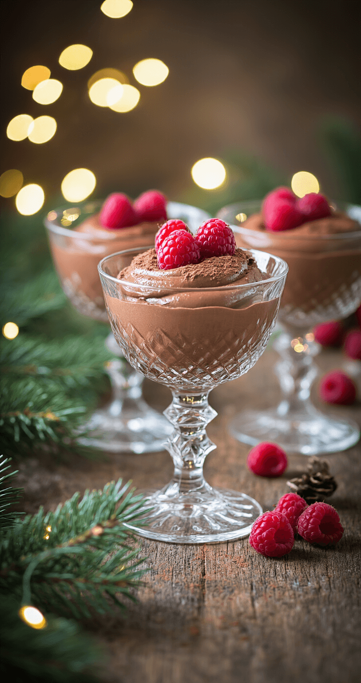 Elegant vintage kristallen dessertglazen gevuld met romige chocolade mousse, gegarneerd met verse frambozen en een lichte poeder soja, op een rustieke houten tafel met fonkelende kerstlichtjes en dennen takken die een betoverende bokeh-effect creëren.