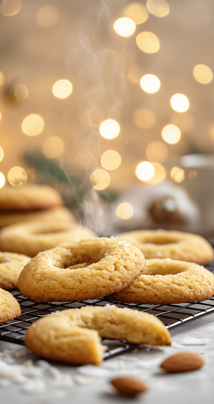 Versgebakken gouden keto kerstkransjes koelen op een rooster, met krokante randen en een sfeervolle achtergrond van twinkelende kerstverlichting. Stoom stijgt op, terwijl kokosvlokken en de geur van vanille en amandelen de feestelijke sfeer versterken.