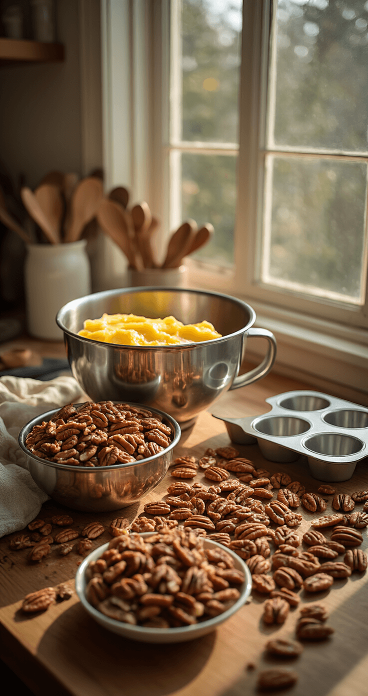 Keto Pecan Fat Bombs: Heerlijke Energiebommetjes voor Je Ketogene Dieet Cinematische bovenaanzicht van een strakke keuken met glanzende roestvrijstalen mengkommen met gesmolten boter en kokosolie, omringd door pecannoten en een zacht natuurlijk licht dat door het raam stroomt, met siliconenvormen in de buurt.