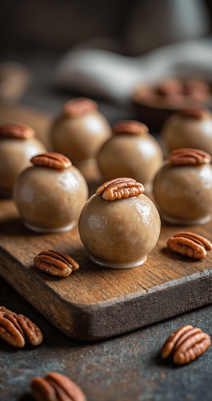 Keto Pecan Fat Bombs: Heerlijke Energiebommetjes voor Je Ketogene Dieet Close-up macro shot van gekonfijte keto pecan fat bombs, artistiek gerangschikt op een rustieke houten plank, elk perfect gevormd met een glanzende glans en een enkele pecan bovenop, dramatische zijverlichting die de textuur benadrukt, met subtiele vervaging van verse pecannoten en receptingrediënten op de achtergrond in een sfeervolle en verfijnde foodfotografie-stijl.