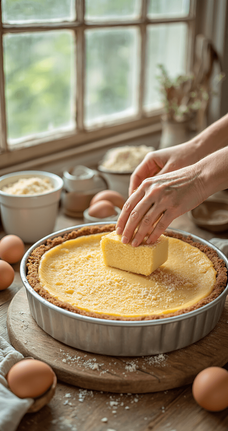 Keto Kerstcheesecake met Frambozen: Feestelijk Low-Carb Dessert Close-up van handen die een amandelmeel-keto bodem in een springvorm drukken, met verspreide ingrediënten zoals amandelmeel, erythritol en vanille-extract op een marmeren aanrecht in een rustieke keuken met warm natuurlijk licht.