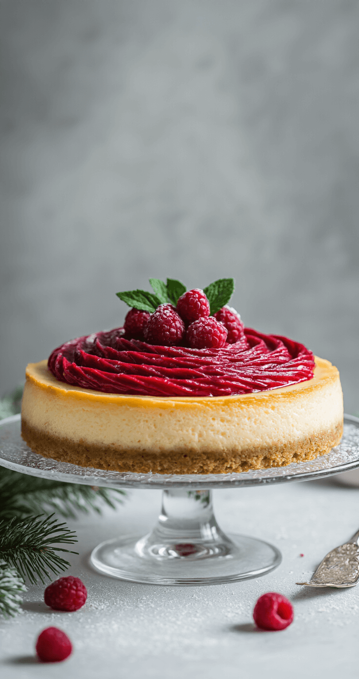 Keto Kerstcheesecake met Frambozen: Feestelijk Low-Carb Dessert Dramatische compositie van een keto cheesecake, gegarneerd met glanzende frambozen in een spiraalvorm, met kerstdecoraties van verse munt en keto-poedersuiker op een glazen taartstandaard.