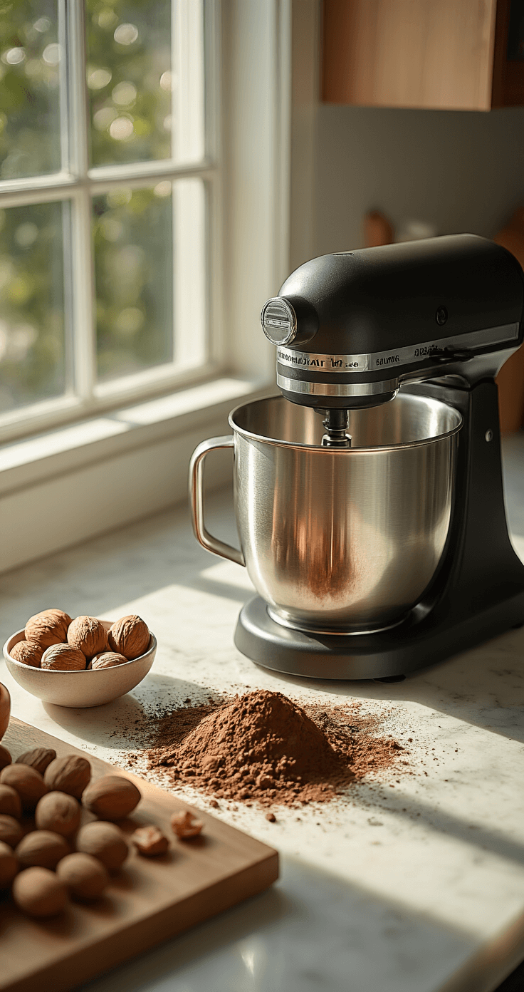 Keto Chocolade Truffels met Nootjes: Heerlijke Low-Carb Verwennerij Cinematische overhead shot van een moderne keuken met premium noten, donkere cacaopoeder en gouden kokosolie op het aanrecht, verlicht door natuurlijk licht dat dramatische schaduwen creëert. Een professionele foodprocessor met een glanzend roestvrijstalen oppervlak staat klaar voor gebruik.