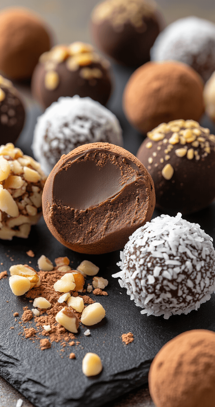 Keto Chocolade Truffels met Nootjes: Heerlijke Low-Carb Verwennerij Close-up macro opname van ambachtelijke donkere chocoladetruffels op een zwart leisteen, met verschillende coatings van gemalen noten, cacaopoeder en kokosvlokken. Zacht, diffuus licht benadrukt het rijke, fluweelachtige oppervlak van de truffels, waarvan er één doormidden is gesneden om de stevige, fudgy binnenkant te tonen.