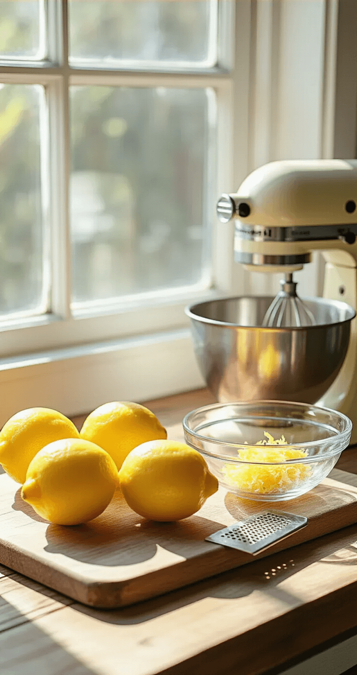 Keto Citroen Fat Bombs: De Ultieme Zuivelvrije Energiebom Close-up van verse gele citroenen op een rustieke houten snijplank, verlicht door natuurlijk licht dat door een keukenraam valt. Een roestvrijstalen citruszester en een kristallen kom met vers geraspte citroenschil staan in de buurt, terwijl een vintage roomijzer op de achtergrond klaarstaat. De scène vangt de heldere, frisse essentie van voorbereiding.