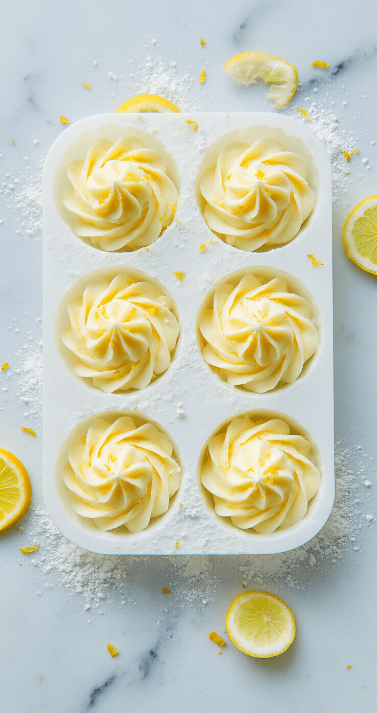 Keto Citroen Fat Bombs: De Ultieme Zuivelvrije Energiebom Bovenaanzicht van elegante siliconen vormen gevuld met een romige, lichtgele vetbom mengsel, met delicate zwirls en fijn citroenrasp bovenop. De vormen staan op een marmeren aanrecht, omringd door verspreide citrus schillen en een stofje van poedersuiker Swerve, met koele blauwgetinte verlichting die de koude van de vriezer suggereert.