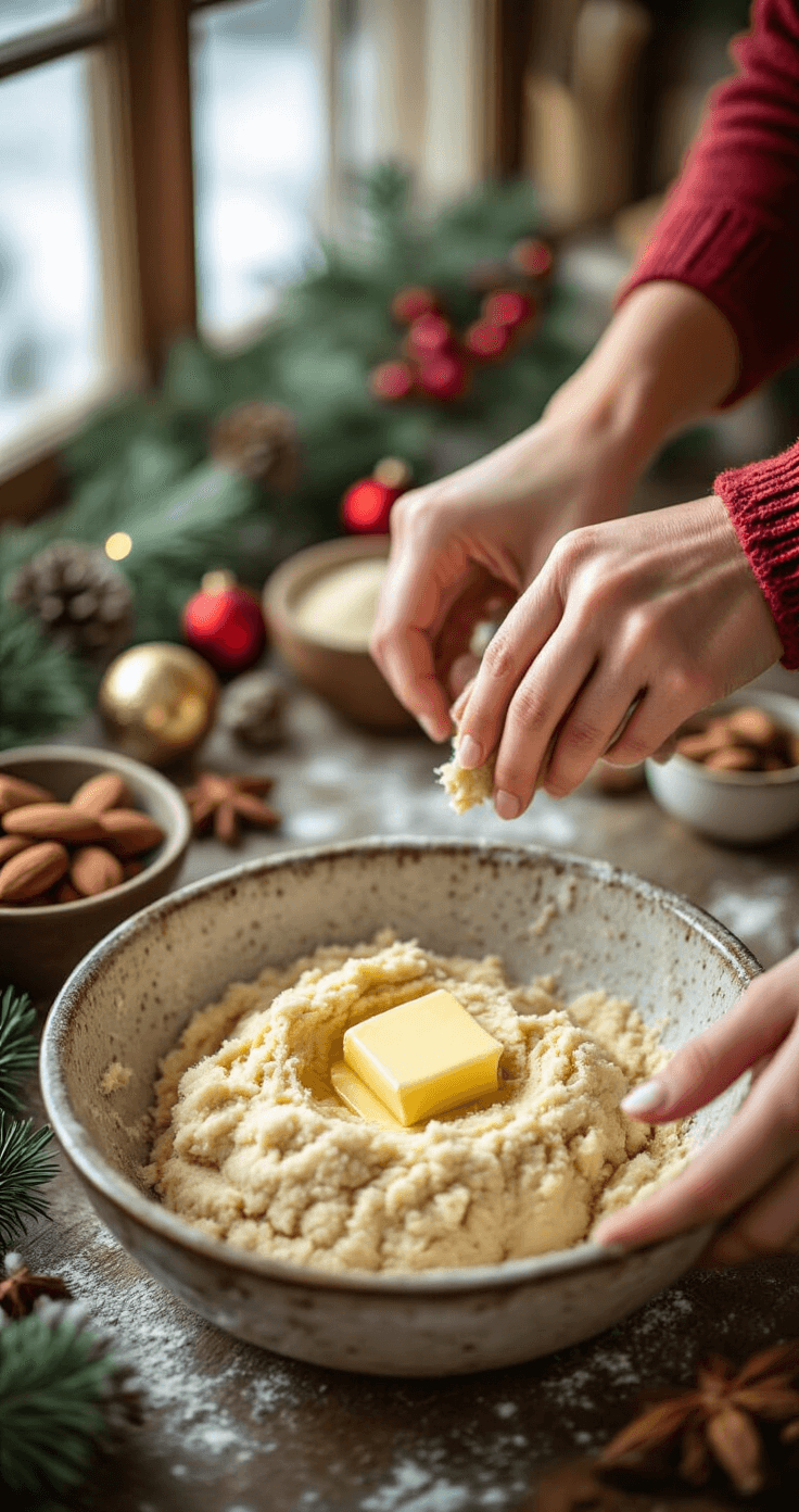 Keto Kerstkoekjes met Amandelmeel: Feestelijke Low-Carb Lekkernij Dichtbij opname van handen die ingrediënten mengen in een rustieke keramische kom, met amandelmeel, gesmolten boter en specerijen, omringd door feestelijke kerstdecoraties en verse ingrediënten in een warme keukensetting.