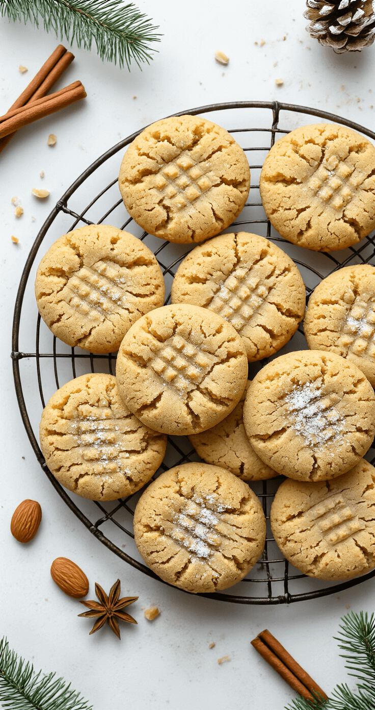 Keto Kerstkoekjes met Amandelmeel: Feestelijke Low-Carb Lekkernij Bovenaanzicht van versgebakken gouden keto-kerstkoekjes op een vintage afkoelrek, verlicht door natuurlijk licht. De koekjes hebben een gebarsten textuur en vorkmarkeringen. Amandelen, kaneelstokken en takjes groen voegen een feestelijke sfeer toe, met een lichte bestuiving van keto-vriendelijk poedersuiker voor een sneeuwachtige uitstraling.