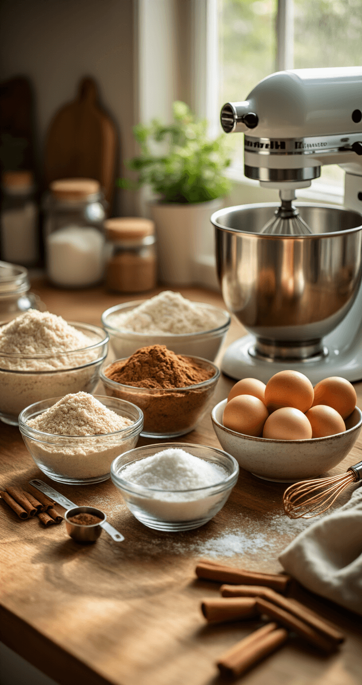 Keto Kruidige Kaneel Muffins: Jouw Ultieme Low-Carb Lekkernij Rustieke houten keukentafel in warm natuurlijk licht, met netjes gerangschikte bakingrediënten zoals glazen kommen met amandelmeel, kokosmeel en erythritol, een vintage mengkom met verse eieren, maatlepels en een koperen garde, en een professionele staande mixer op de achtergrond.
