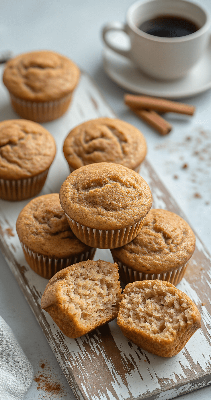 Keto Kruidige Kaneel Muffins: Jouw Ultieme Low-Carb Lekkernij Professionele voedselfotografie van goudbruin keto kaneel muffins op een verweerd houten serveerbord. Stoom komt langzaam van de versgebakken muffins, die zijn bestrooid met kaneel. Natuurlijk zijlicht zorgt voor dramatische schaduwen, terwijl een kop koffie en verse kaneelstokken de styling aanvullen. De muffins hebben een perfect gebarsten bovenkant en een vochtige, zachte kruimel zichtbaar in een doormidden gesneden muffin.