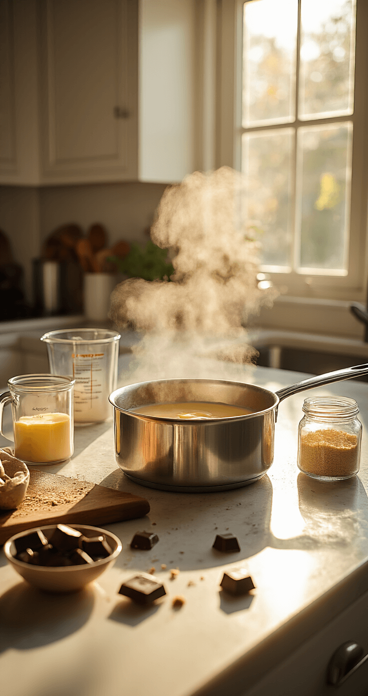Keto Chocolade Fudge: Hét Ultieme Gezonde Dessert voor Zoetminnende Keto-Volgers Moderne keuken met een roestvrijstalen pan op het aanrecht, gevuld met sudderende room en boter, terwijl gouden middaglicht door het raam schijnt en stoom uit de pan oprijst. Er liggen premium chocolade druppels, maatbekers en een glazen pot met ambachtelijke keto zoetstof in de buurt.