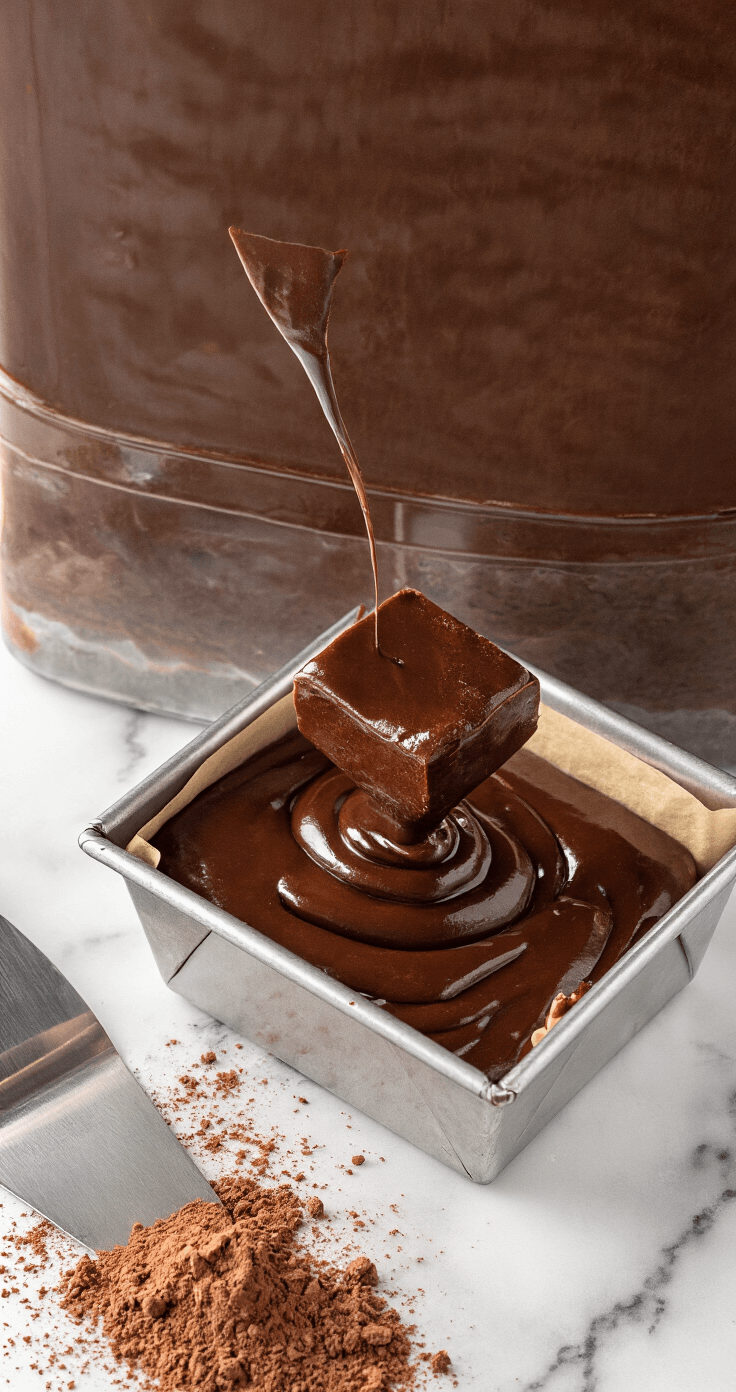 Keto Chocolade Fudge: Hét Ultieme Gezonde Dessert voor Zoetminnende Keto-Volgers Close-up van rijke, glanzende chocolade fudge die in een met bakpapier beklede metalen pan wordt geschonken. Diepe, bruine massa vangt zacht keukenlicht en creëert luxueuze reflecties. Op de marmeren countertop liggen verspreide cacaopoeder en een professionele spatel.