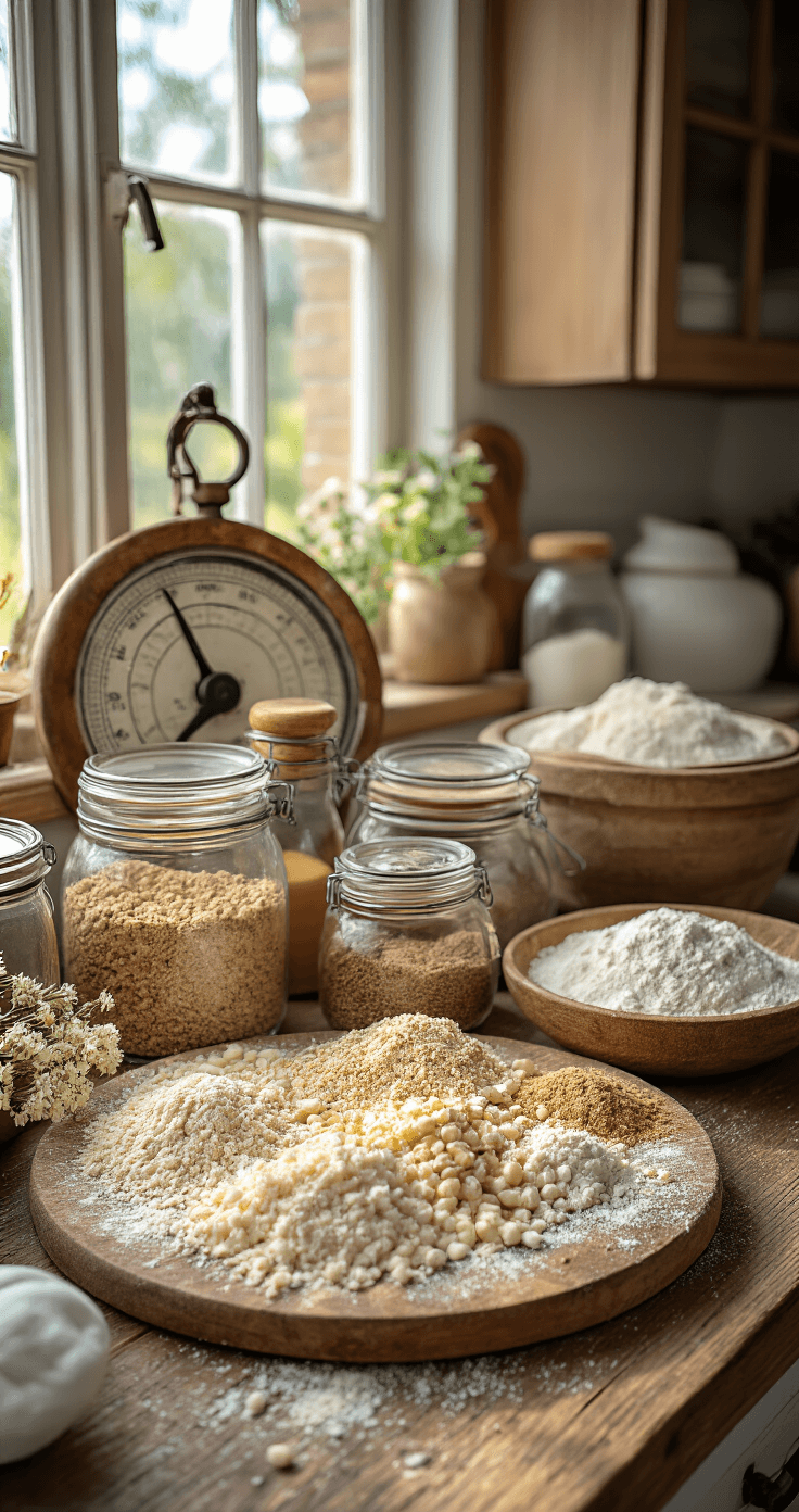 Keto Kerstpudding Recept: Een Stapsgewijze Gids Een warme, rustieke keuken met natuurlijk licht, met keto-ingrediënten zoals amandelmeel en kokosmeel op een houten aanrecht, glazen potjes met specerijen, en een vintage weegschaal.