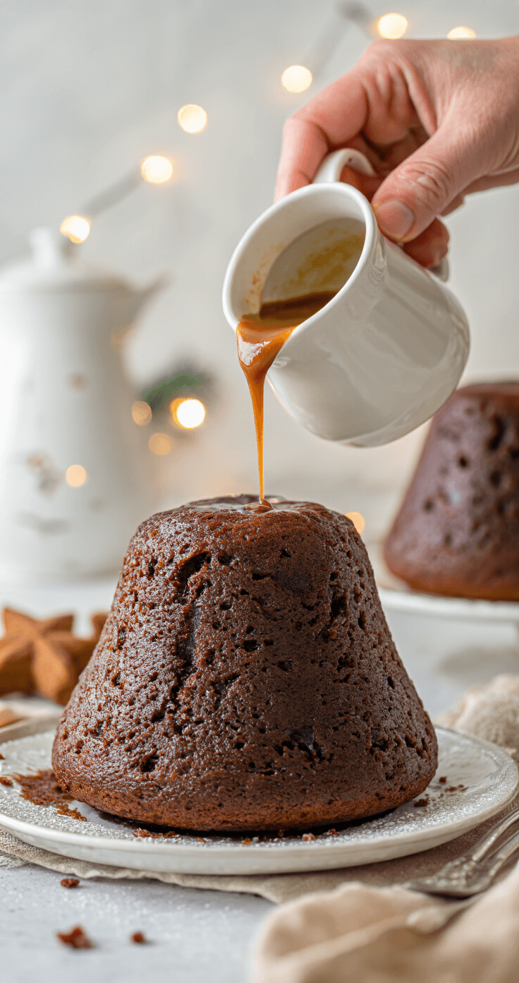 Keto Kerstpudding Recept: Een Stapsgewijze Gids Close-up van handen die een donkere keto-kerstpudding in een traditionele vorm gieten, met een achtergrond van kerstlichtjes en stoom die opstijgt in een warme keuken.