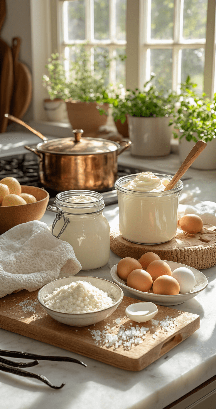Keto Romige Vanillepudding: Een Heerlijk Laag-Carb Dessert Close-up van een rustieke keukenscène met zonlicht, met verse ingrediënten zoals een vanillestokje, roomwitte slagroom in een vintage kan, eidooiers in een handgemaakte kom, en kristalachtige erythritol in een glazen pot, naast een koperen steelpan en houten garde.
