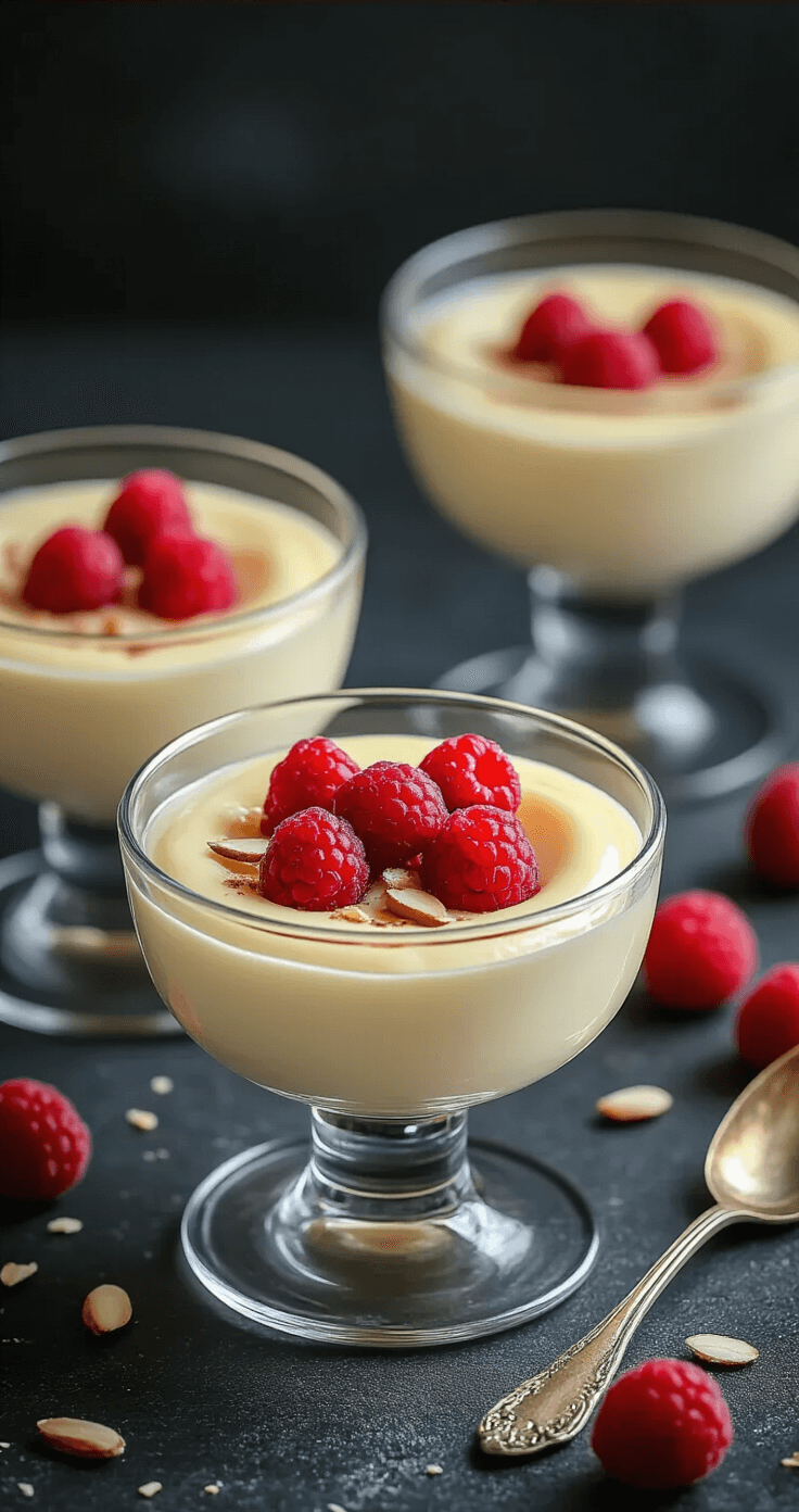 Keto Romige Vanillepudding: Een Heerlijk Laag-Carb Dessert Twee elegante glazen dessertcoupes gevuld met romige vanillepudding, versierd met frambozen, amandelsnippers en slagroom, gefotografeerd op een donkere achtergrond.