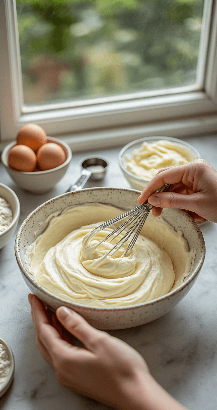 Keto Cranberry Cheesecake Bites: Heerlijke Low-Carb Verwennerij Close-up van handen die voorzichtig een romige kaassaus mengen in een rustieke keramische kom, met zacht natuurlijk licht dat door een keukvenster stroomt, omringd door verse ingrediënten zoals eieren op kamertemperatuur, vanille-extract en maatlepels op een marmeren aanrecht. Het mengsel is zijdezacht met een subtiele glans.