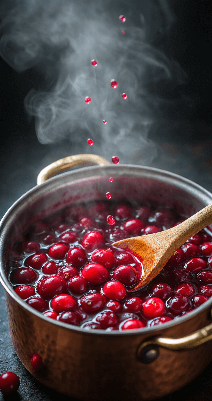 Keto Cranberry Cheesecake Bites: Heerlijke Low-Carb Verwennerij Bovenaanzicht van helderrode veenbessen die sudderen in een koperen pan, met stoom die oprijst tegen een donkere achtergrond, terwijl een houten lepel de glanzende mix roert; druppels van de robijnrode saus vangen het licht in een professionele culinaire sfeer.