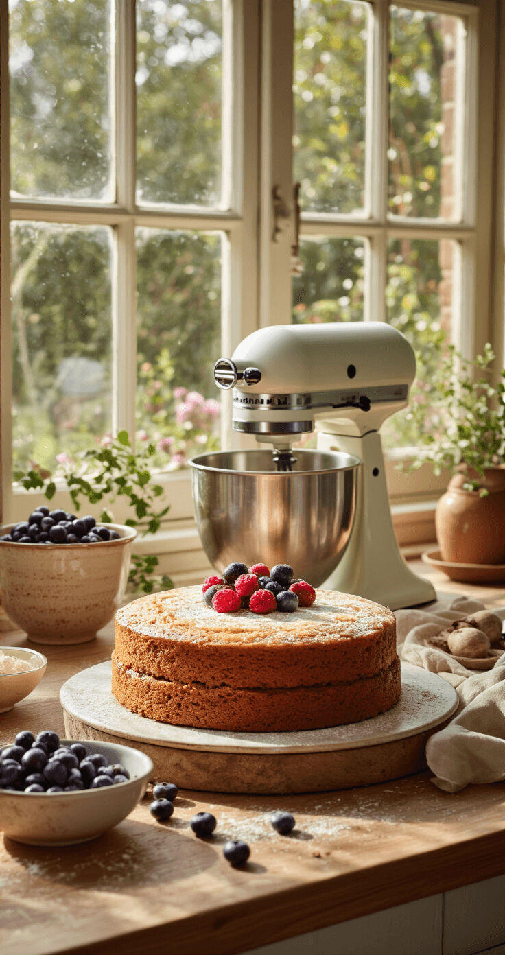 Keto Chocolade-Bosbessentaart: Een Heerlijk Low-Carb Dessert Een zonovergoten keuken met grote ramen, waar glanzende bosbessen, roomkleurig amandelmeel en donkere pure chocoladestukjes op een verweerd houten aanrecht zijn uitgestald, met een vintage mengkom en elektrische mixer klaar voor gebruik.