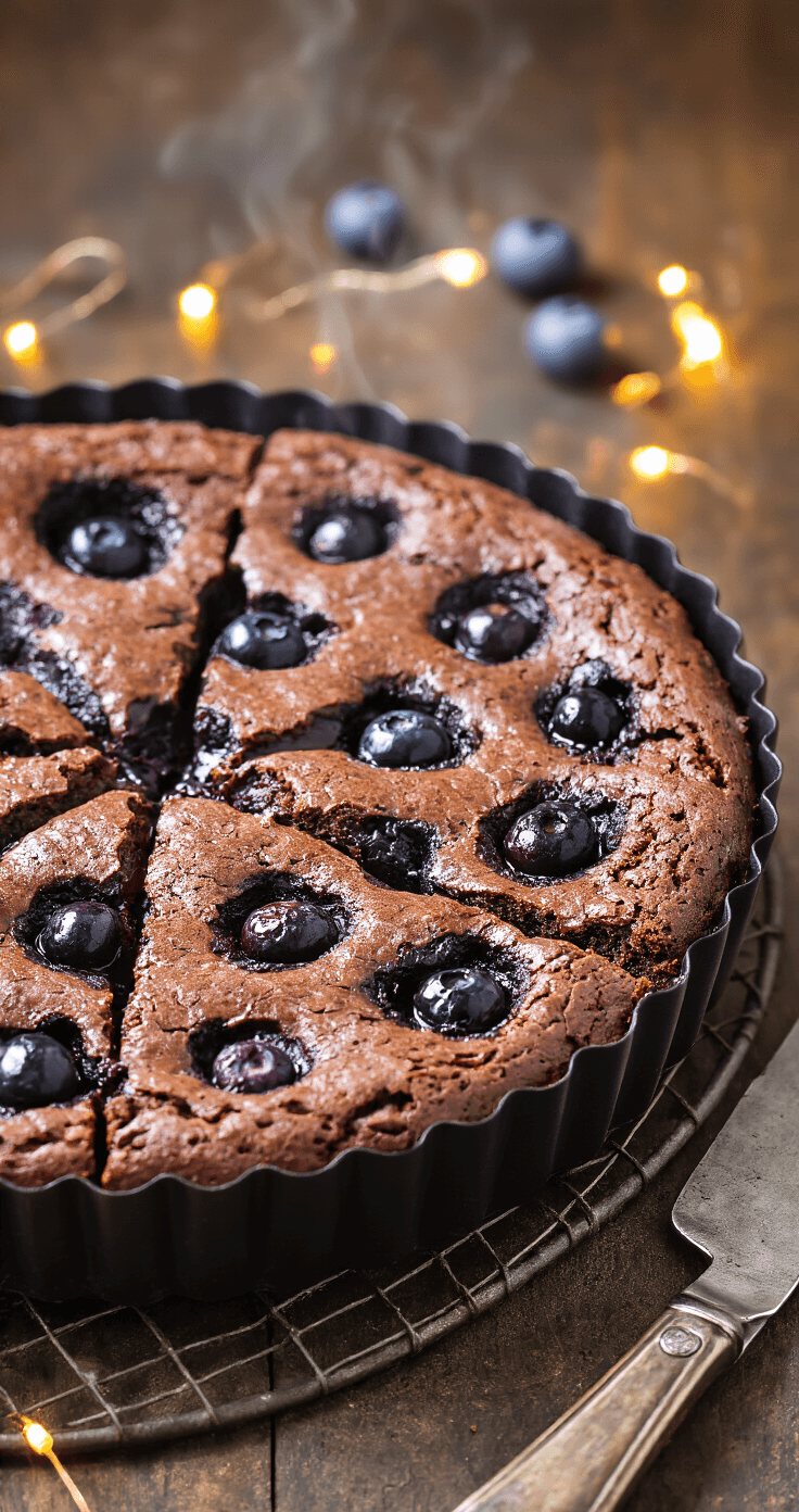 Keto Chocolade-Bosbessentaart: Een Heerlijk Low-Carb Dessert Close-up van een perfect gebakken keto chocolade-bosbessentaart in een matte zwarte taartvorm, met glanzende bosbessen zichtbaar in het chocoladebeslag en stoom die subtiel opsteigt. De taart staat op een rustiek metalen rooster in een warme, ambachtelijke keuken.