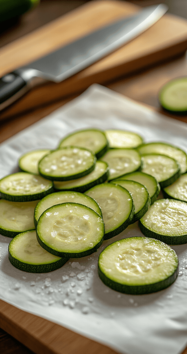 Keto Kerstige Courgette-Lasagne: Hét Feestelijke Low-Carb Gerecht Cinematische close-up van dunne courgetteplakken in overlappende patronen op wit keukenpapier, glanzend van zoutkristallen onder warm keukent licht, met een professionele koksmes en houten snijplank in de zachte achtergrond.