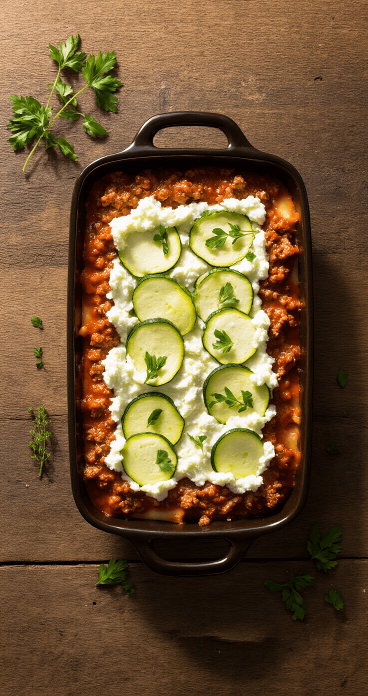Keto Kerstige Courgette-Lasagne: Hét Feestelijke Low-Carb Gerecht Bovenaanzicht van een donker keramisch bakblik met lagen van gouden vleessaus en zilverachtige courgetteplakken, verrijkt met een romige ricotta-mixture, onder warme verlichting die texturen accentueert en dramatische schaduwen creëert, met verse kruiden die groene accenten toevoegen, alles op een rustieke houten ondergrond.