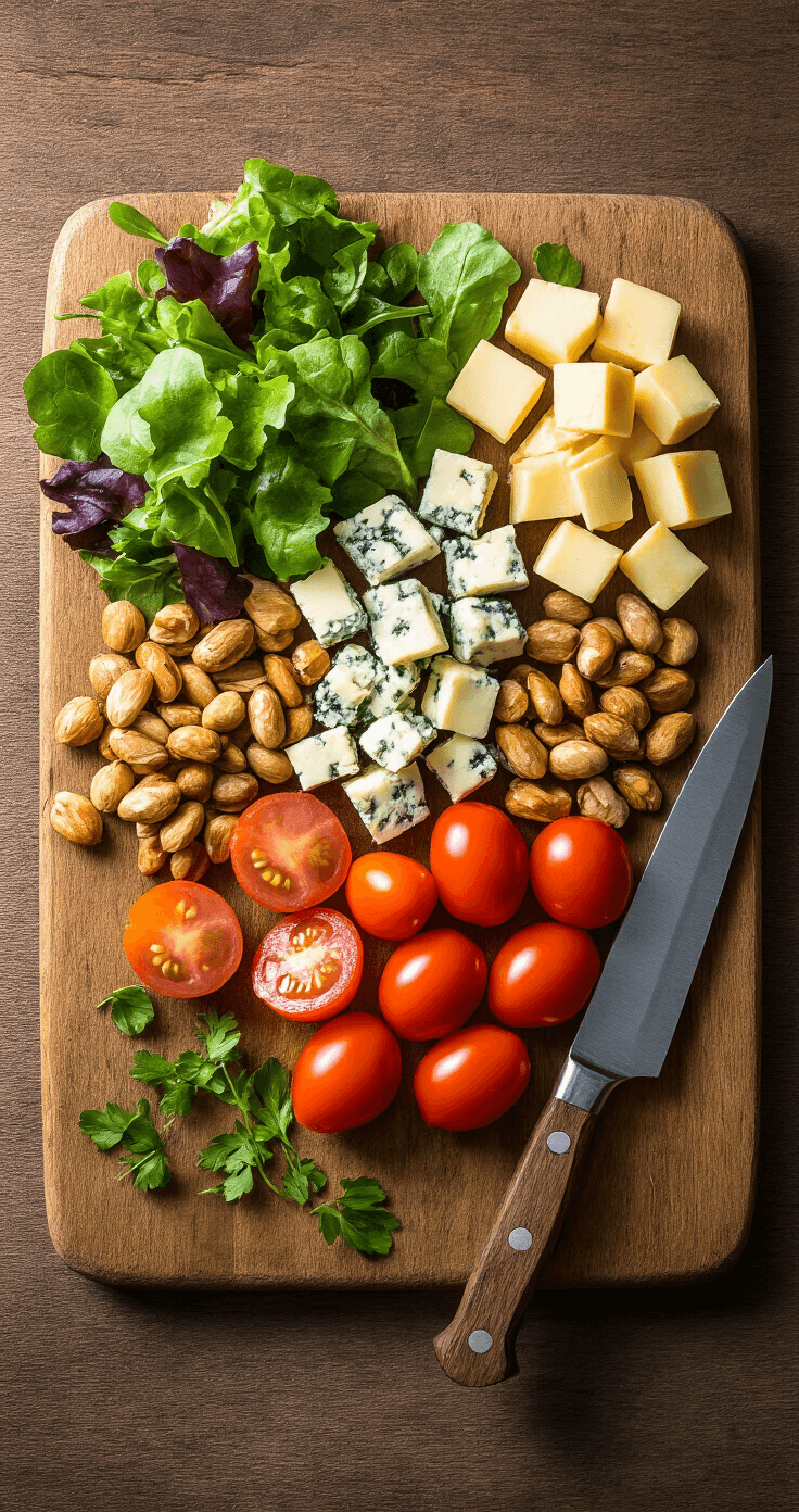 Keto Kerstsalade met Noten en Kaas: Een Feestelijke Lowcarb Verrassing Bovenaanzicht van een rustieke houten snijplank in warm, natuurlijk licht met zorgvuldig gerangschikte ingrediënten: levendige gemengde sla, stukken gemarmerde blauwe kaas, goudbruine geroosterde noten en glanzend gehalveerde cherrytomaten. Een vintage koksmes ligt erbij, met verspreide verse kruiden voor een organische textuur.