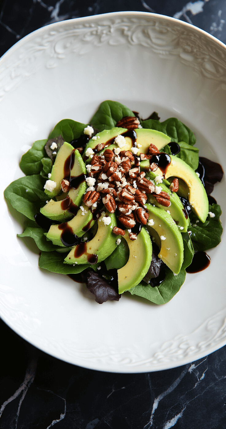 Keto Kerstsalade met Noten en Kaas: Een Feestelijke Lowcarb Verrassing Close-up van een elegante witte keramische serveerschaal met een salade, op een donkere marmeren ondergrond. Diepgroene bladeren en romige avocadochunks contrasteren met glanzende balsamico-dressing, gegarneerd met gemalen pecannoten en verkruimelde kaas in een feestelijke sfeer.