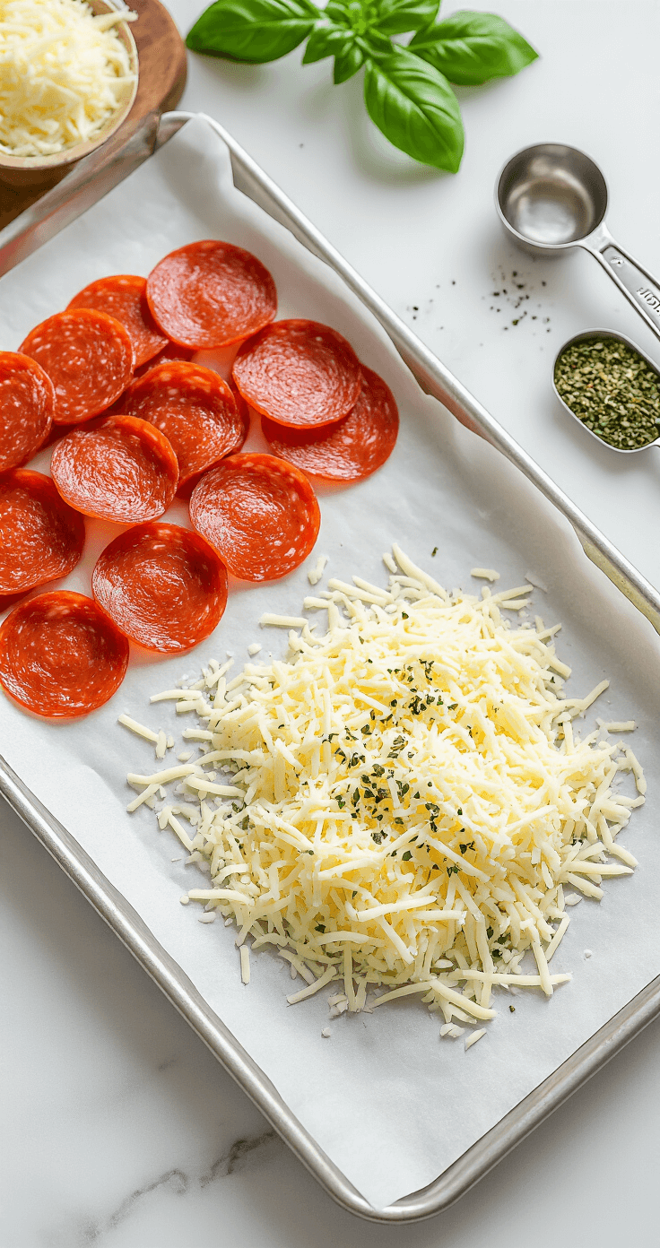 Keto Kerstpizza Hapjes: Heerlijke Low-Carb Feestelijke Bites Een warme, professioneel verlichte keuken met een marble aanrecht vol ingrediënten voor keto pizza: felrode pepperoni, versgeraspte mozzarella, Italiaanse kruiden, een bakplaat met bakpapier en opgemaakt met meetlepels en verse basilicum.