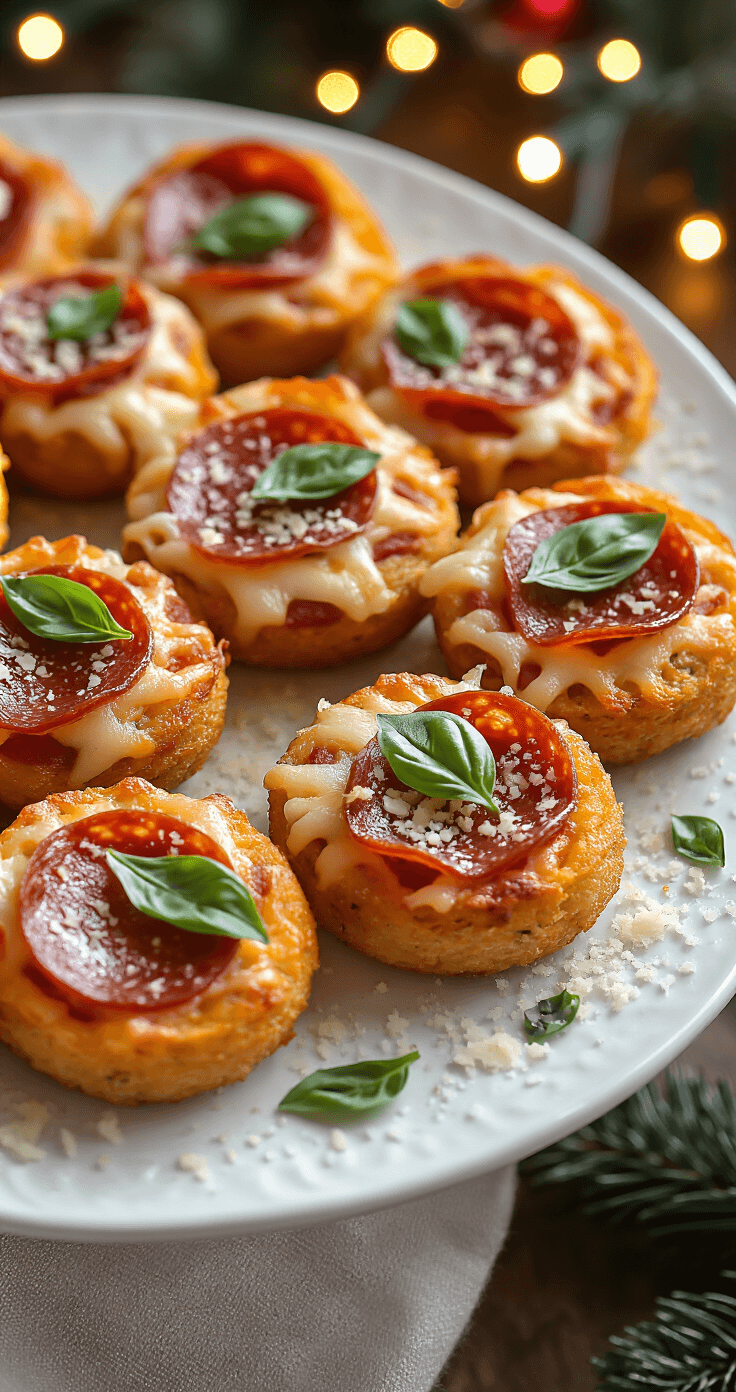 Keto Kerstpizza Hapjes: Heerlijke Low-Carb Feestelijke Bites Kersttafel met een elegante schaal vol knapperige keto pizza bites, versierd met peperoni, basilicum en Parmezaanse kaas, omringd door warme lichtjes in een feestelijke sfeer.