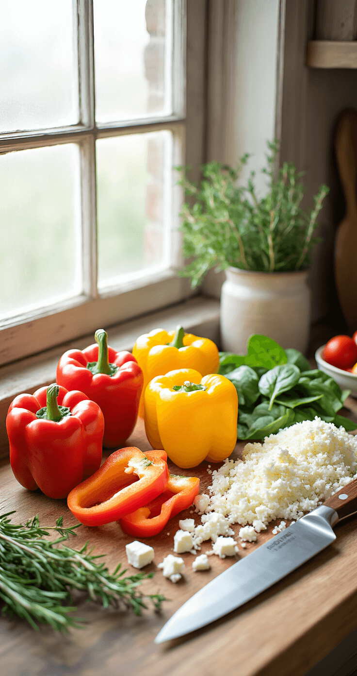 Keto Gevulde Paprika's met Kerstkruiden: Een Feestelijk Low-Carb Meesterwerk Een rustieke keuken met natuurlijk licht dat binnenstroomt, toont een houten snijplank met gehalveerde kleurrijke bell peppers. Vers garnituur (rozenmarijn, tijm, oregano) ligt verspreid in de buurt. Een glanzend koksmes rust naast zorgvuldig gerangschikte ingrediënten zoals verkruimelde feta, verse spinazie en bloemkoolrijst, allemaal vastgelegd in sfeervolle, feestelijke belichting.