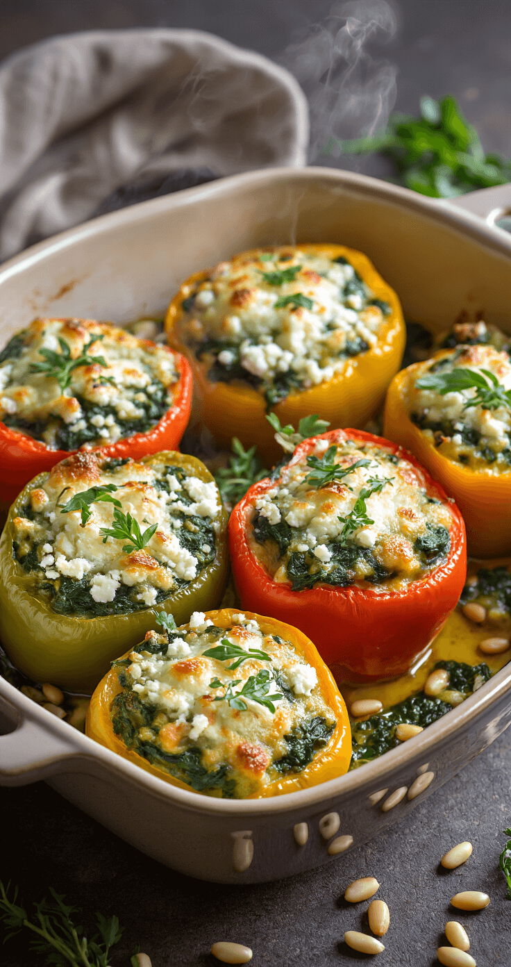Keto Gevulde Paprika's met Kerstkruiden: Een Feestelijk Low-Carb Meesterwerk Een rustieke keramische ovenschaal met goudbruin gevulde paprika's, geglazuurd en met een vulling van spinazie, feta en kruiden. Stoom komt op uit het gerecht, met dennennoten en verse kruiden als garnering.