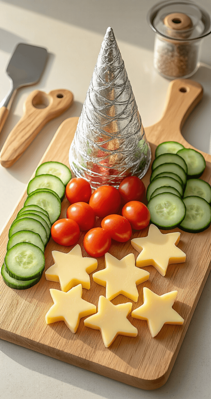 Keto Kerstboom van Groente en Kaas: Feestelijke Low-Carb Sensatie! Cinematische luchtfoto van een pristine keukenblad met warme natuurlijke verlichting, ingericht met ingrediënten voor een keto-kerstboom: verse komkommerschijfjes, stervormige kaasjes, heldere cherrytomaten en een zilvergewikkelde schuimconus als middelpunt. Professionele keukengereedschappen en een houten snijplank zijn zichtbaar in het beeld.