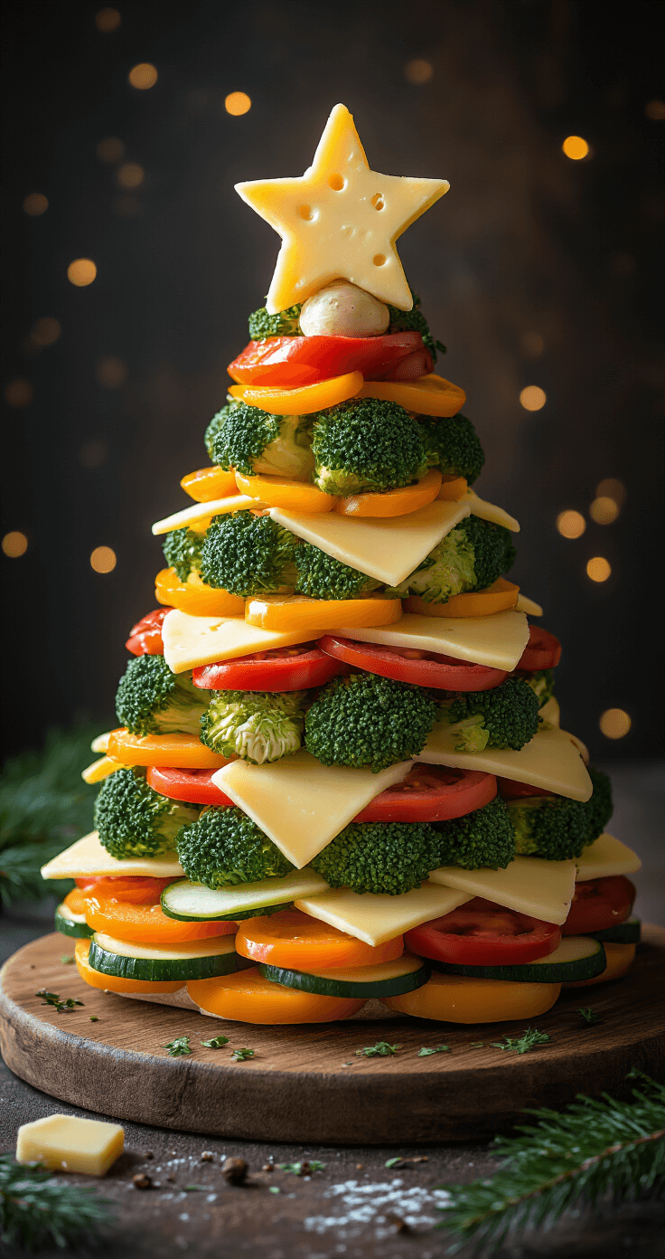 Keto Kerstboom van Groente en Kaas: Feestelijke Low-Carb Sensatie! Professionele food fotografie van een voltooide groente-kerstboom op een donker rustiek achtergron, met een spiraalvormige schikking van kleurrijke groenten en kaas op een schuimconus, verlicht door zacht directioneel licht. Stervormige kaastopper die het licht vangt, met verspreide kruiden voor een feestelijke sfeer, geserveerd op een ambachtelijk houten bord met een zachte bokeh-effect op de achtergrond.