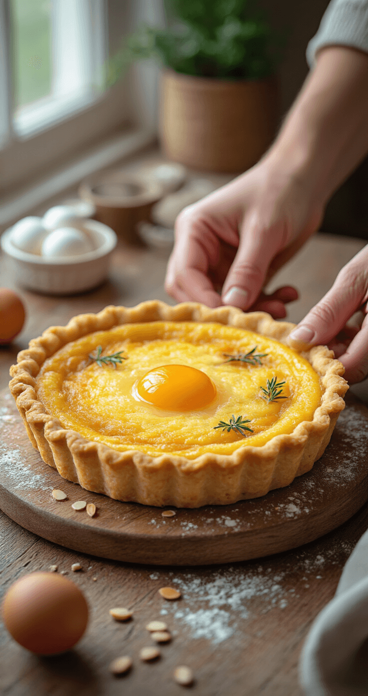 Close-up van handen die amandelmeel, gesmolten boter en een gebroken ei mengen in een aardewerk kom, omringd door verse kerstkruiden en keukenaccessoires in een warme keukenscène.