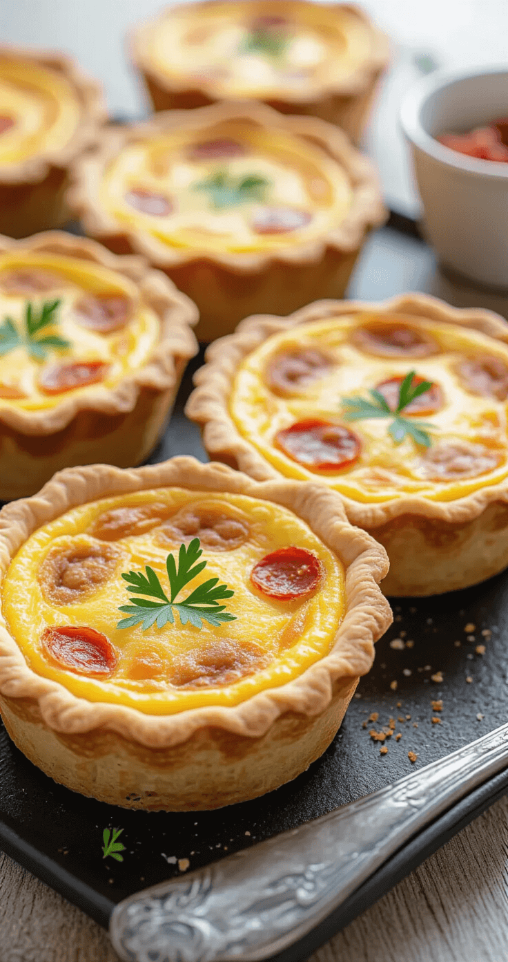 Cinematische close-up van goudbruine mini quiches in een zwarte muffinvorm, met stoom die omhoog stijgt, kruiden en rode paprikastukjes zichtbaar, omgeven door een gezellige kerstkeuken en warme verlichting.