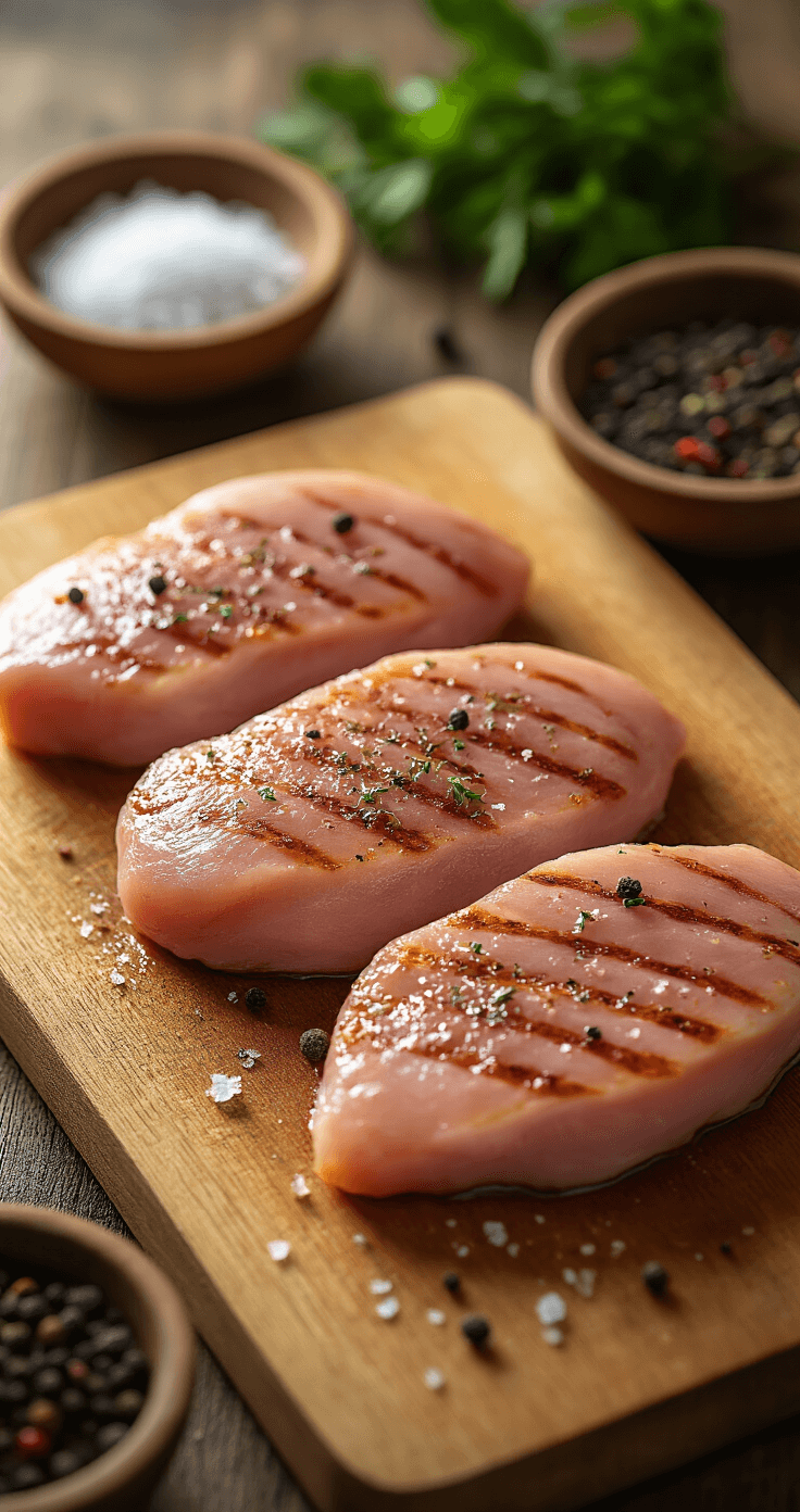 Cinematische close-up van rauwe kipfilets op een houten snijplank, omringd door kommetjes met kruiden, terwijl een hand specerijen over het vlees strooit.