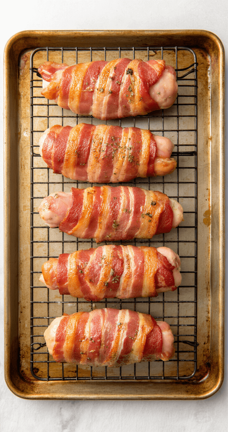 Een dramatische overhead opname van in bacon gewikkelde kipfilets op een roestvrijstalen rooster, met glanzende baconplakjes die het warme ovenlicht reflecteren en kruiden zichtbaar tussen de vleesvezels.