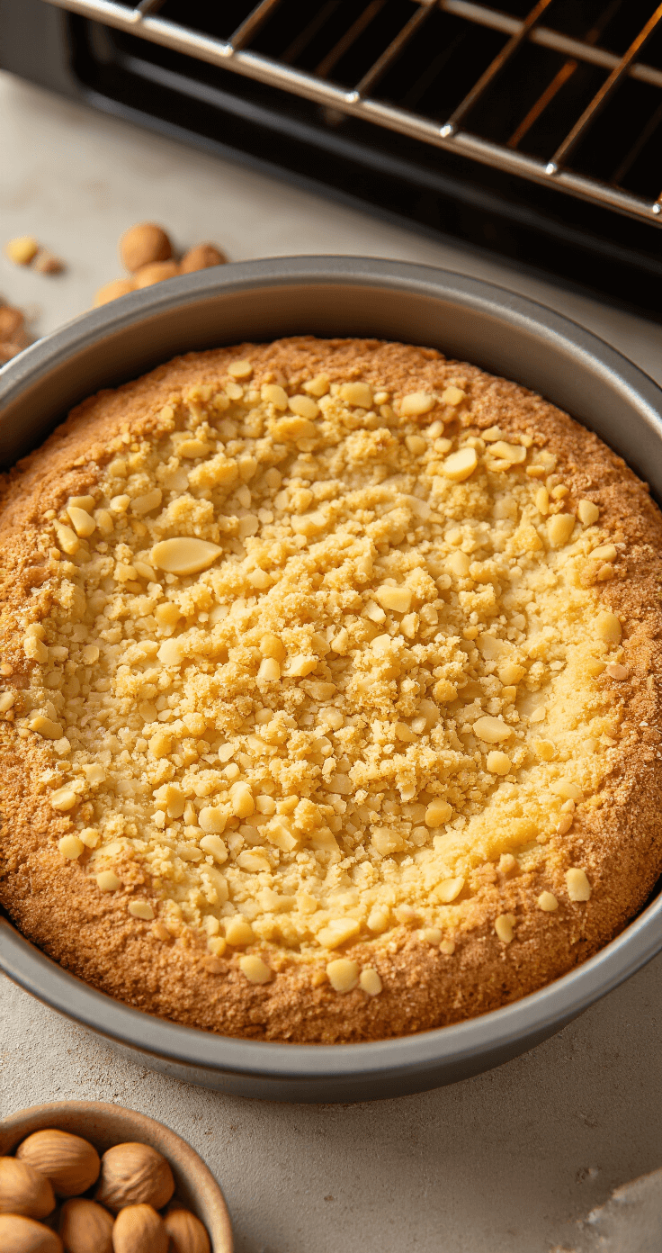 Koolhydraatarme Passievrucht Kwarktaart: Een Tropische Low Carb Verwennerij Cinematische close-up van een goudbruine amandelmeel bodem in een springvorm, omringd door vers gekraakte hazelnoten en amandelen, met smeltende boterklontjes in een rustieke keuken verlicht door natuurlijk daglicht.